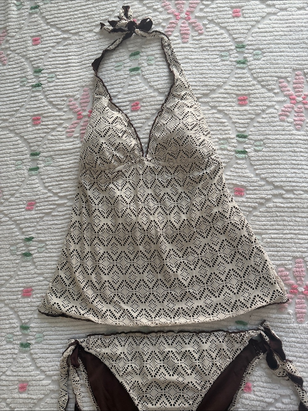 Crochet-Style Ivory & Brown Tankini Set